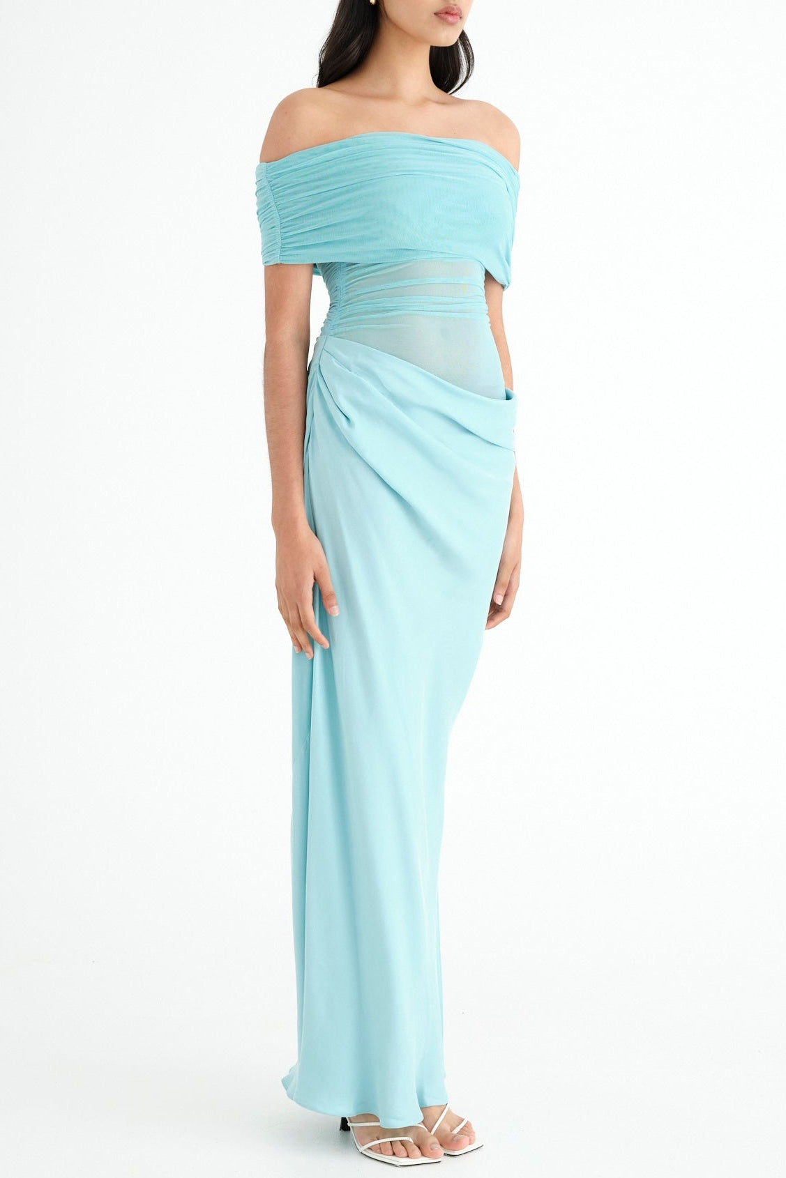 Off Shoulder Ruched Mesh Maxi Dress in Blue Flowering Girl
