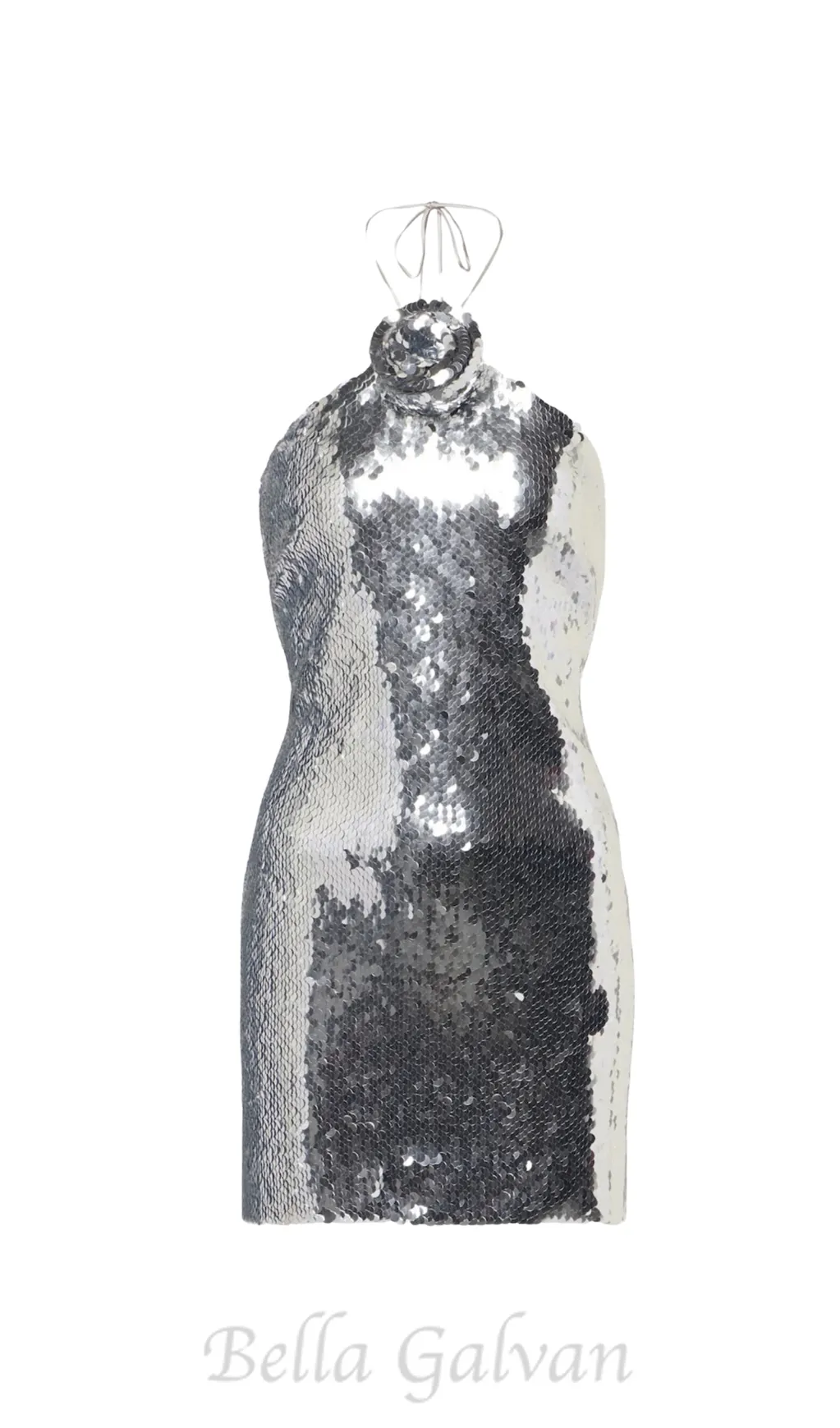 Cinwa Floral Appliqué Halter Sequin Mini Dress - Silver Flowering Girl