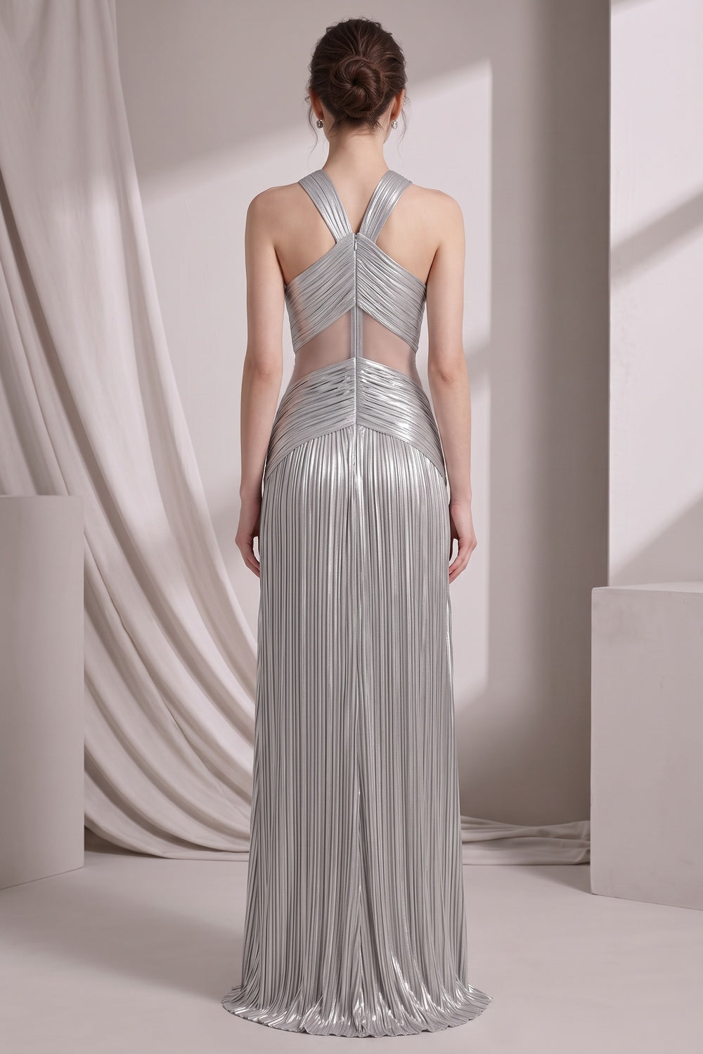 Silver Metallic Plissé Column Gown Flowering Girl