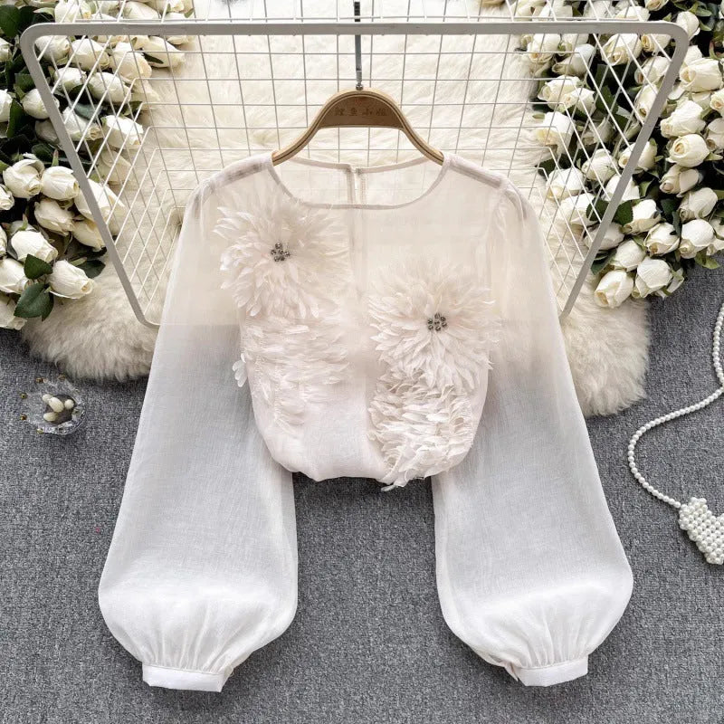 3D Floral Puff Sleeve Tulle Shirt Flowering Girl
