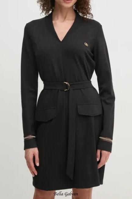 Ribbed V-neck mini dress in black Flowering Girl