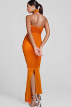 Orange Open Back Ruched Flower Bodycon Maxi Dress Flowering Girl