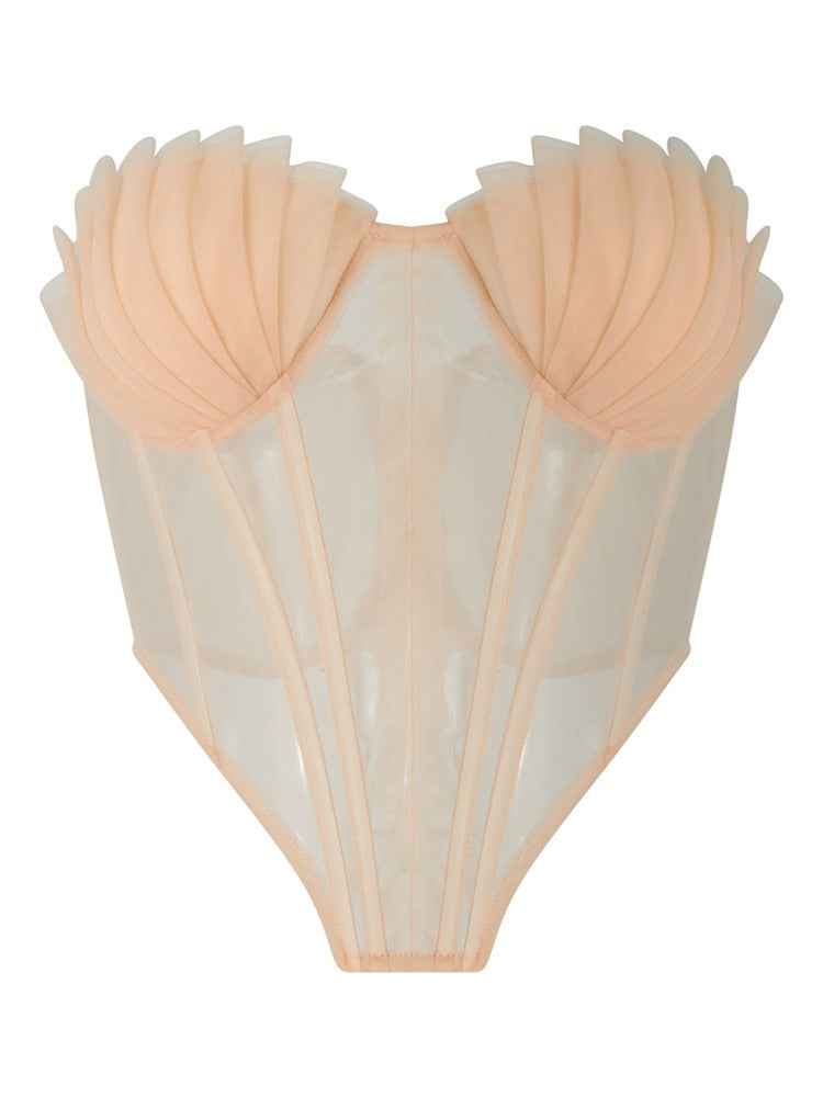 Shell Mesh Lace Up Corset Top In Beige Flowering Girl