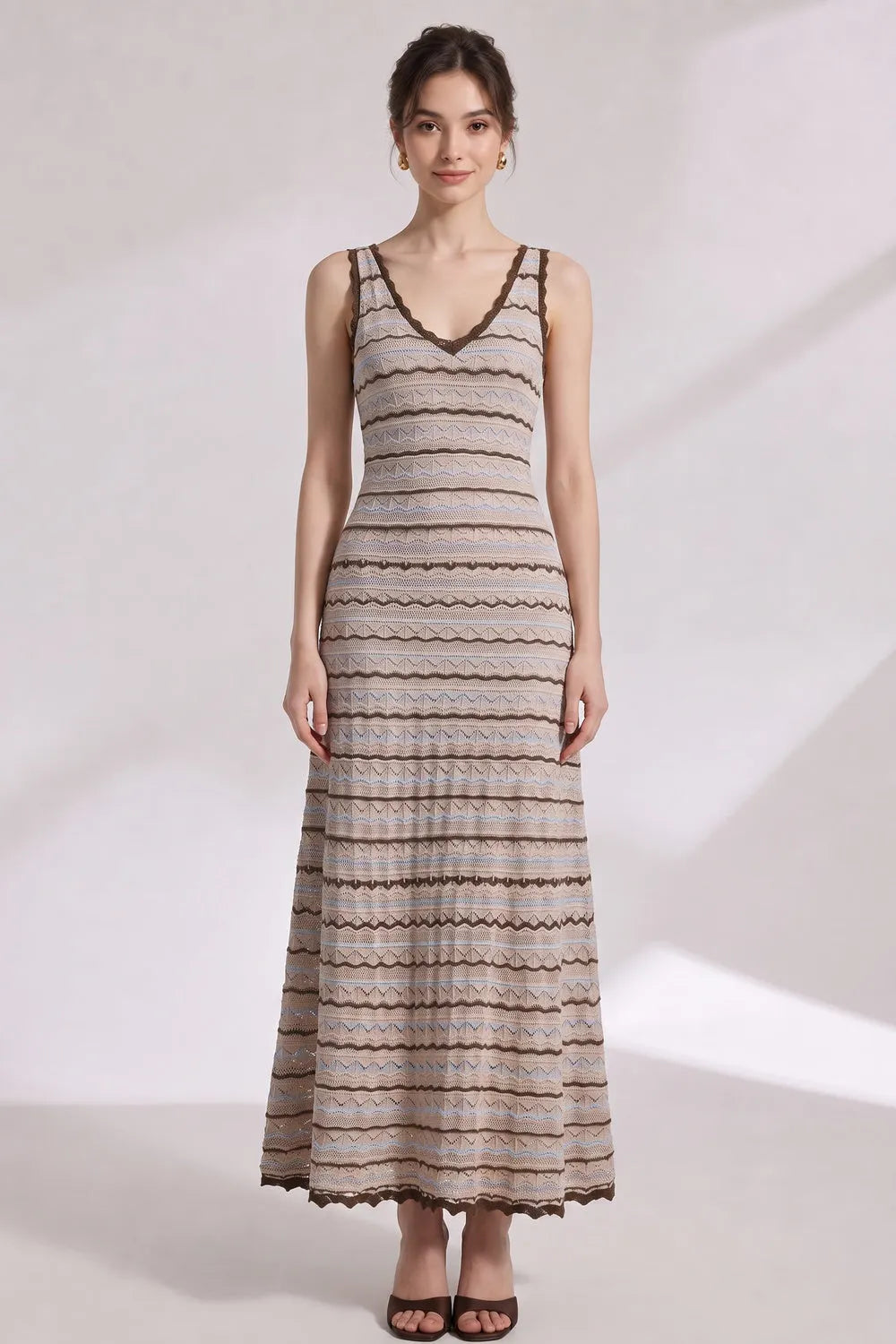 Beige Crochet-Style Knit A-Line Maxi Dress Flowering Girl