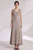 Beige Crochet-Style Knit A-Line Maxi Dress Flowering Girl