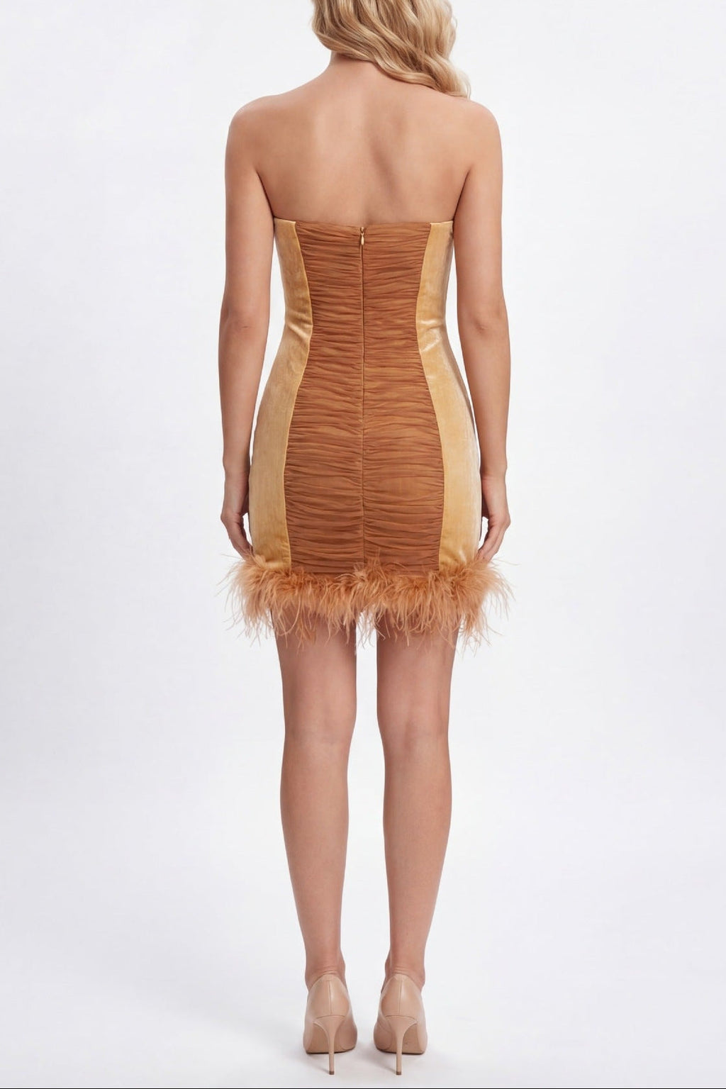 Anna Rhinestone Embellished Feather Strapless Mini Dress In Pale Brown Flowering Girl