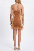 Anna Rhinestone Embellished Feather Strapless Mini Dress In Pale Brown Flowering Girl