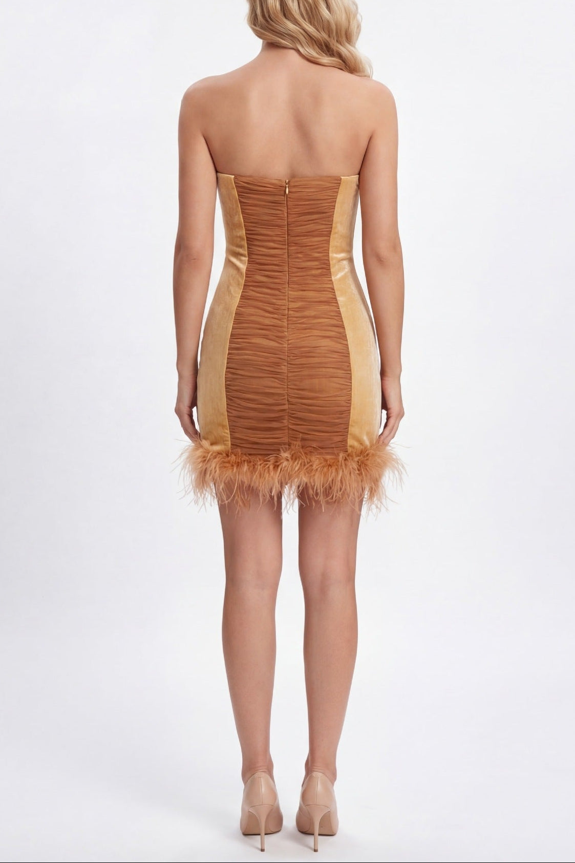 Anna Rhinestone Embellished Feather Strapless Mini Dress In Pale Brown Flowering Girl