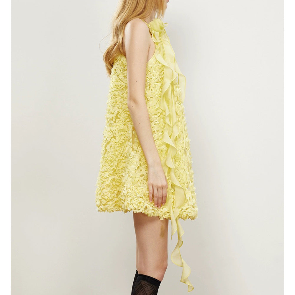 Ribbon halter mini dress in yellow Flowering Girl