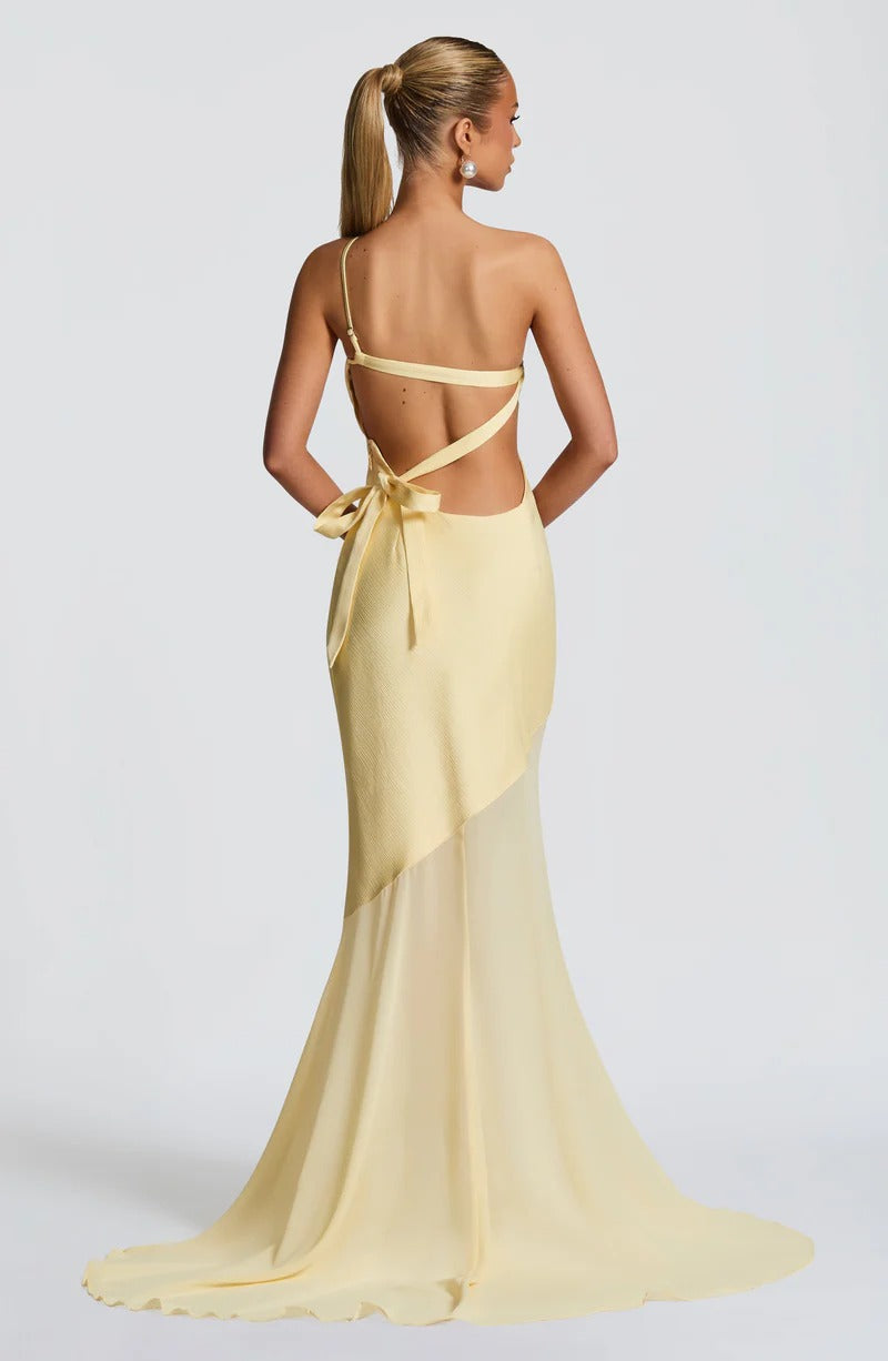 Lace-Up Beveled Back Satin Maxi Dress In Lemon Yellow Flowering Girl