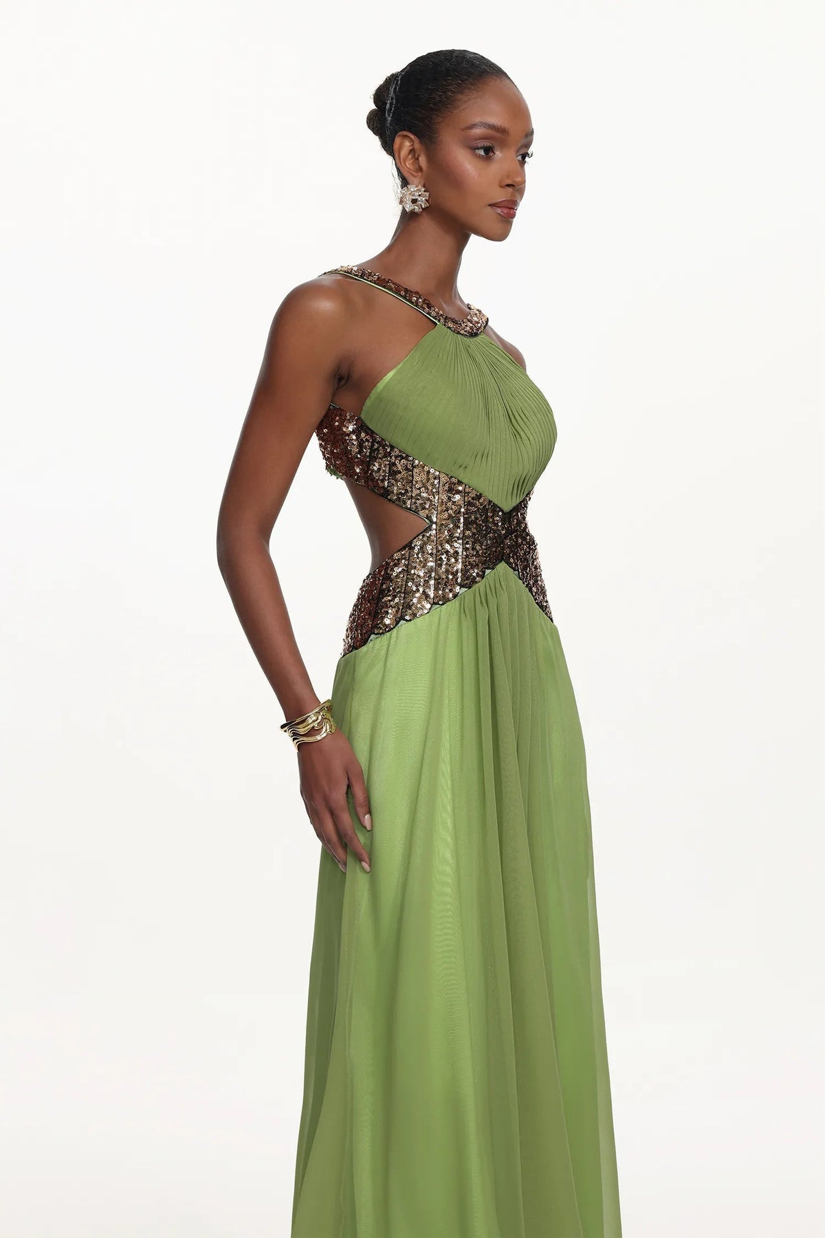 Virginia Green Halter Pleated Cut Out Sequin Maxi Dress Flowering Girl