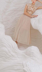 Pleated Embroidery Midi Dress In Beige Flowering Girl