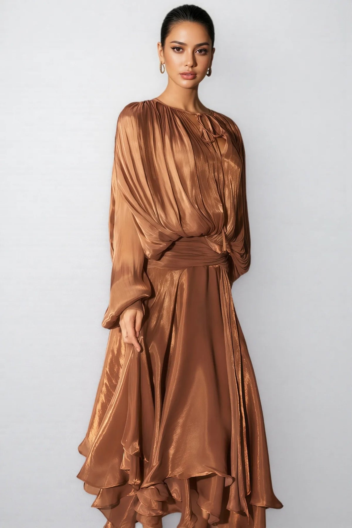 Brown Pleated Bodice Draped Puff Sleeve Maxi Dress Flowering Girl