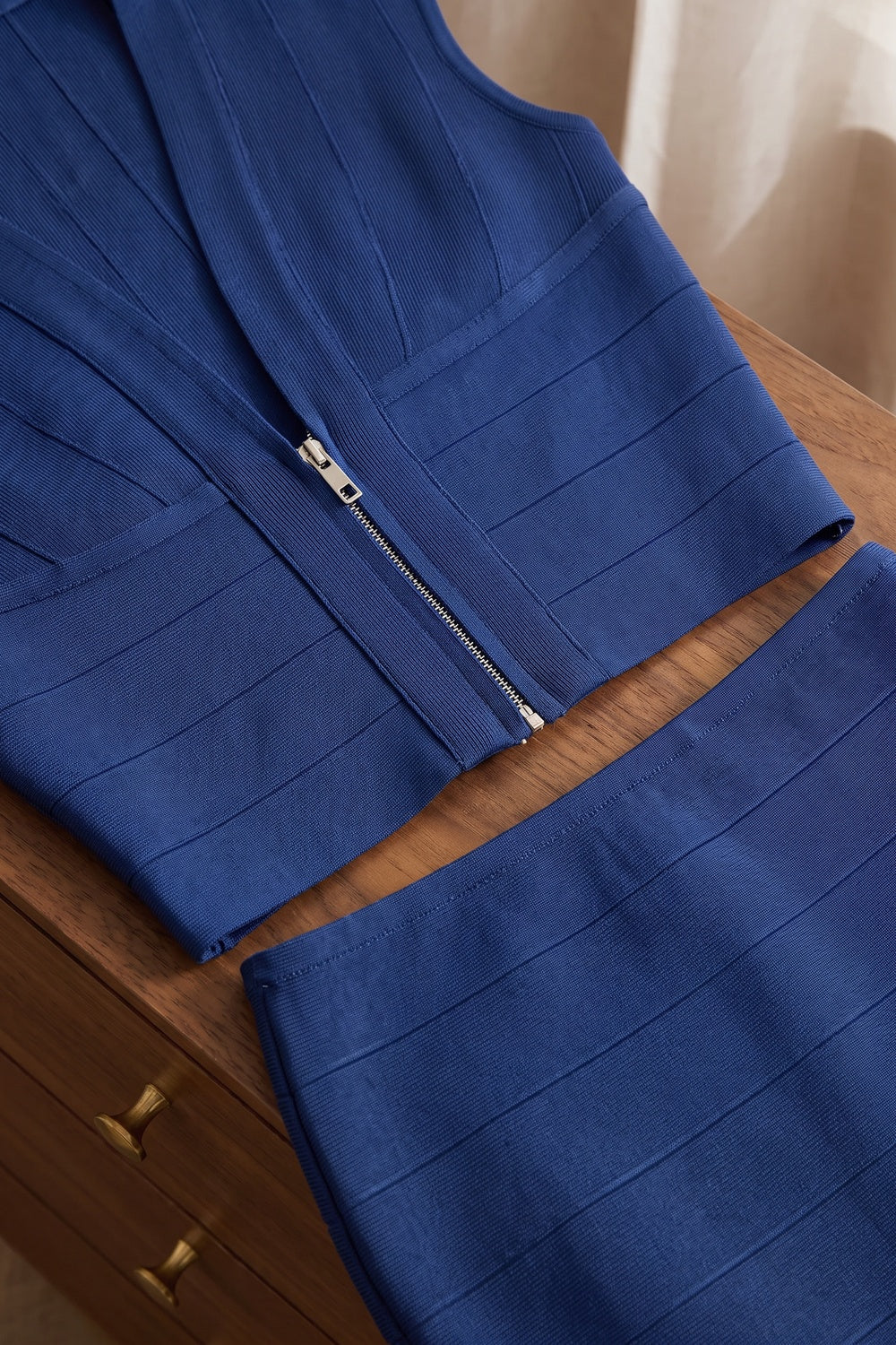 Royal Blue Heavy Bandage Knit Bodycon Two-Piece Set Flowering Girl