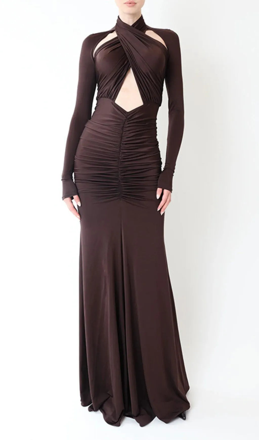 Inaya Coffee Long Sleeve Ruched Maxi Dress Flowering Girl
