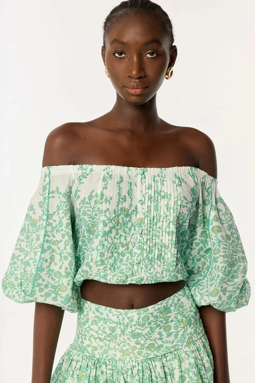 Off-Shoulder Floral Print Mini Skirt Set In Green Flowering Girl