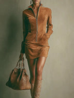 Brown Faux Suede Stand Collar Zipper Mini Dress Flowering Girl