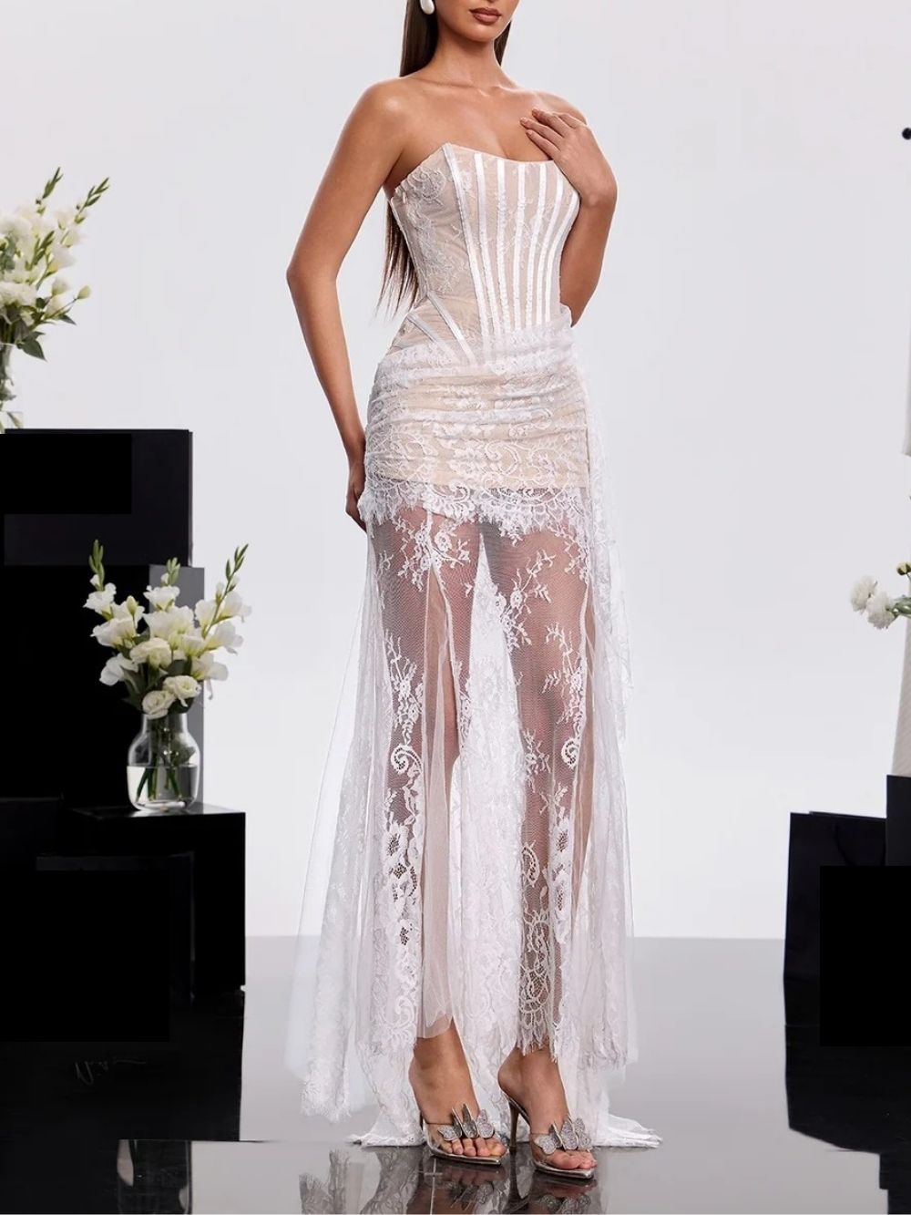 Hylrek Strapless Lace Maxi Dress Flowering Girl