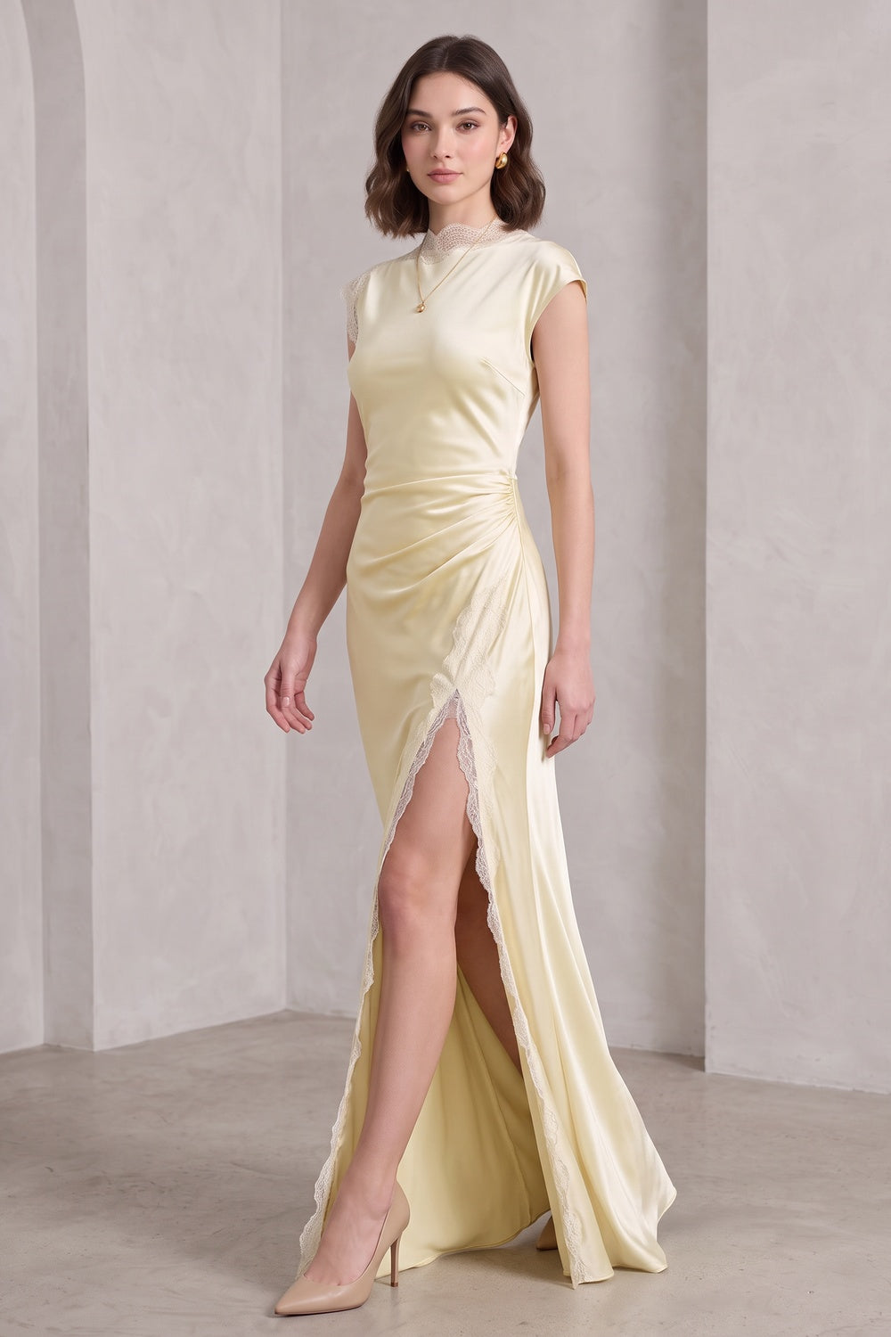 Pale Yellow Satin Column Gown with Lace Trim Flowering Girl