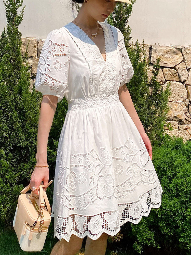 White Openwork Embroidered Short Sleeve V-Neck Petite Dress Flowering Girl
