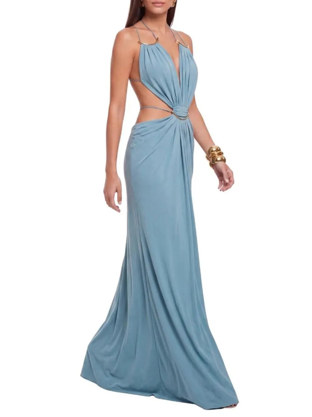 Lorysa Backless Cutout Maxi Dress In Blue Flowering Girl