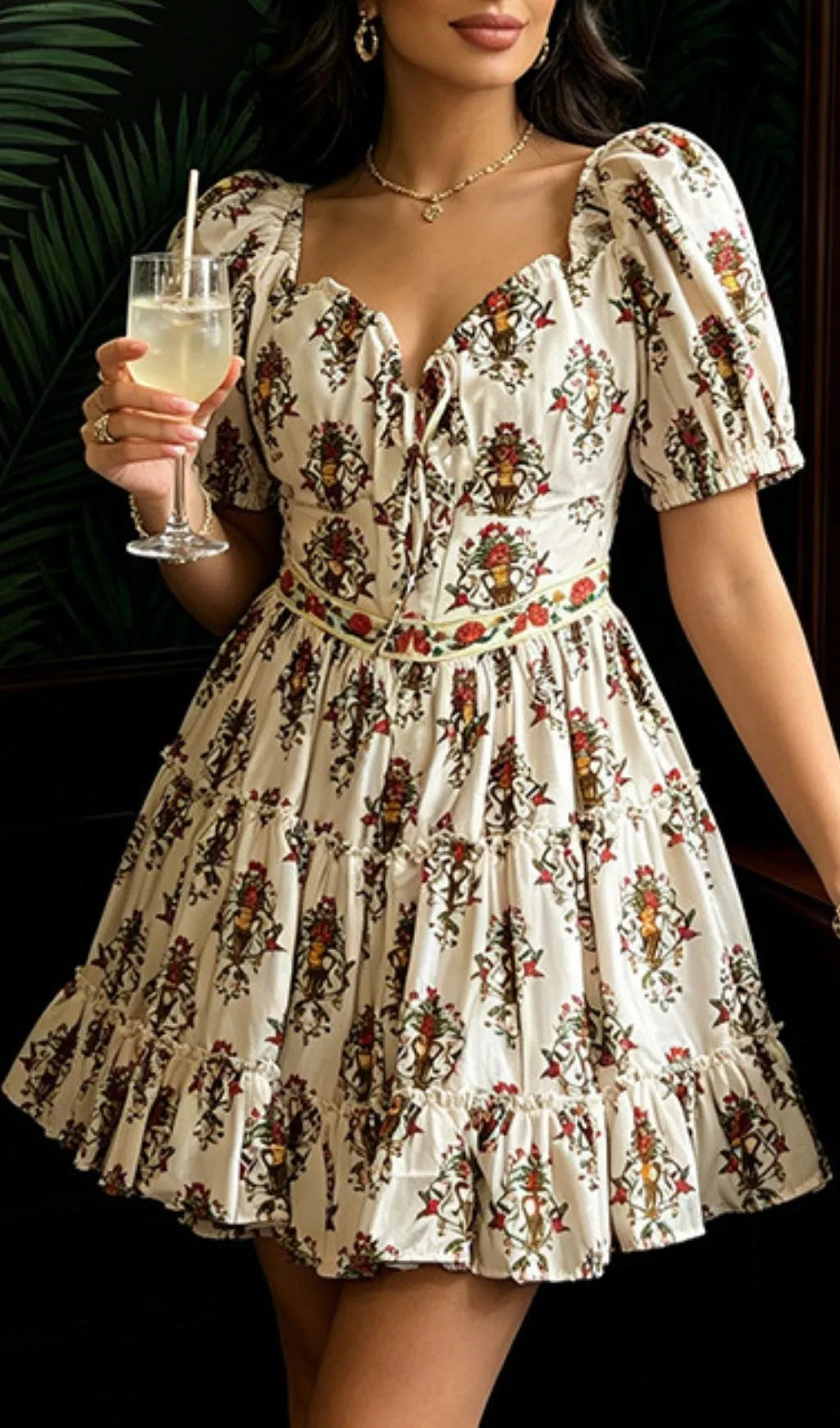Leslye Printed Puff Sleeve Mini Dress Flowering Girl