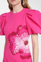 Sequin Flower Embellished Puff Sleeve Midi Dress In Pink Flowering Girl