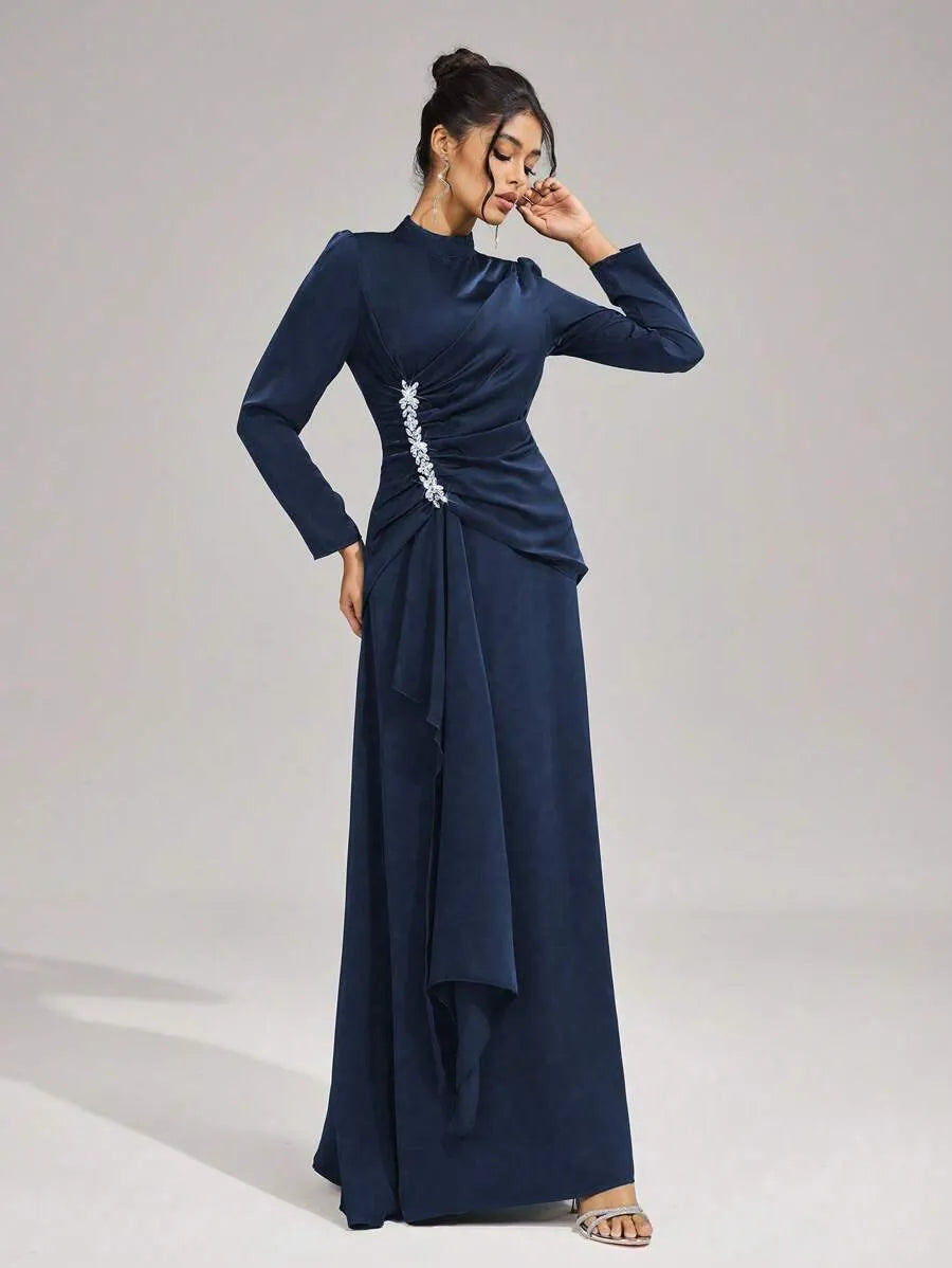 Beulah Long Sleeves With Beading Pleated Maxi Dress In Blue Flowering Girl