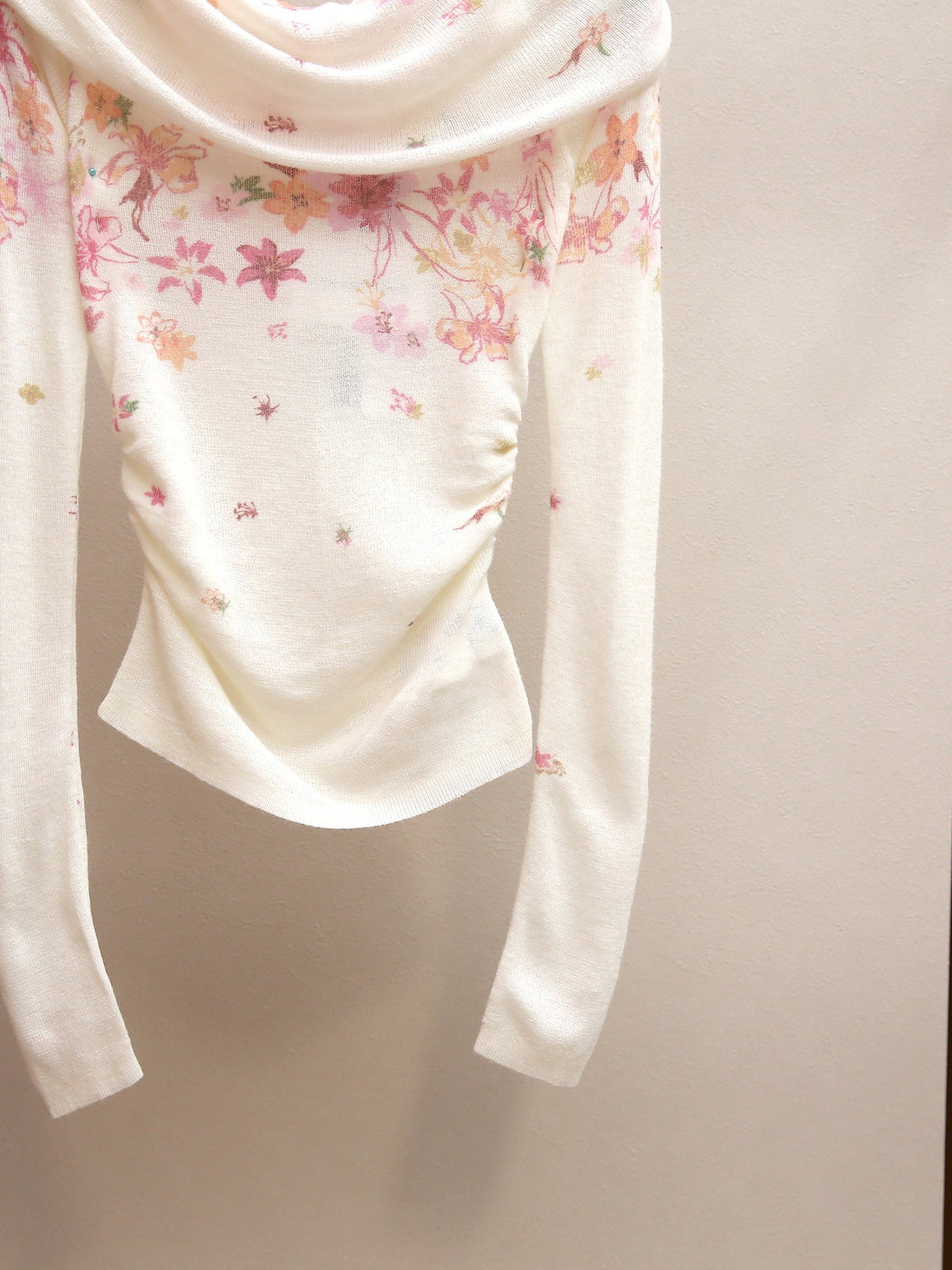 Off-White Lightweight Fine Knit Fitted With Draped Neckline Top Flowering Girl