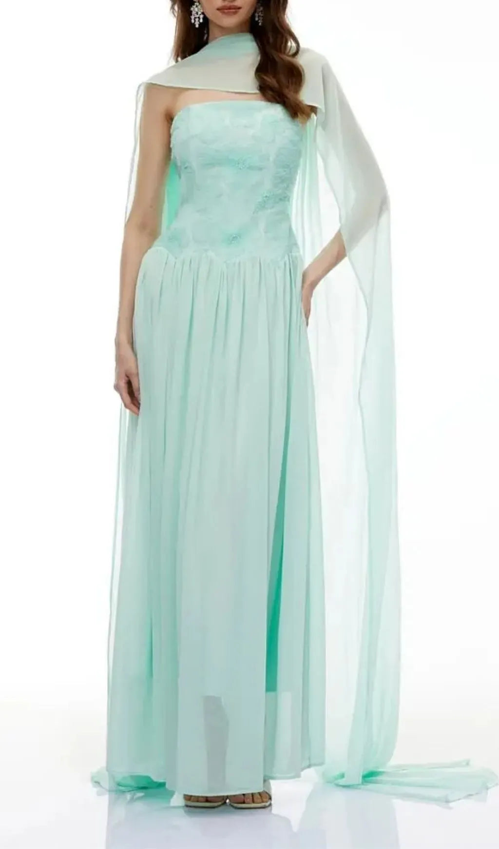 Rebecca Green Floral Embroidered Pleated Maxi Dress Flowering Girl