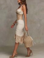 Beige Bohemian Lace Trim Ruched Midi Dress Flowering Girl