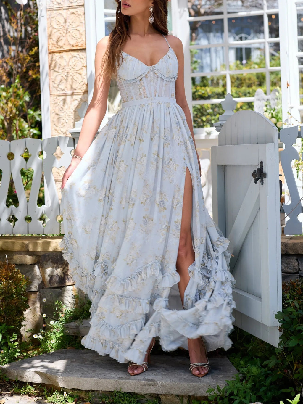 Floral Frill Split Maxi Dress Flowering Girl
