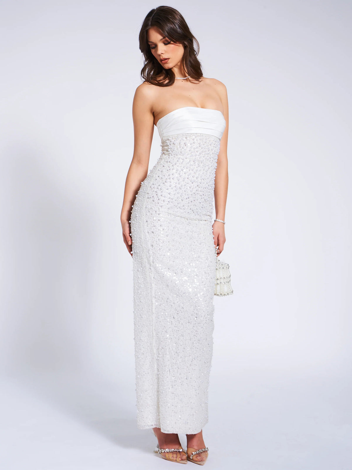 White Satin Sequin Pearls Beaded Maxi Dress Flowering Girl