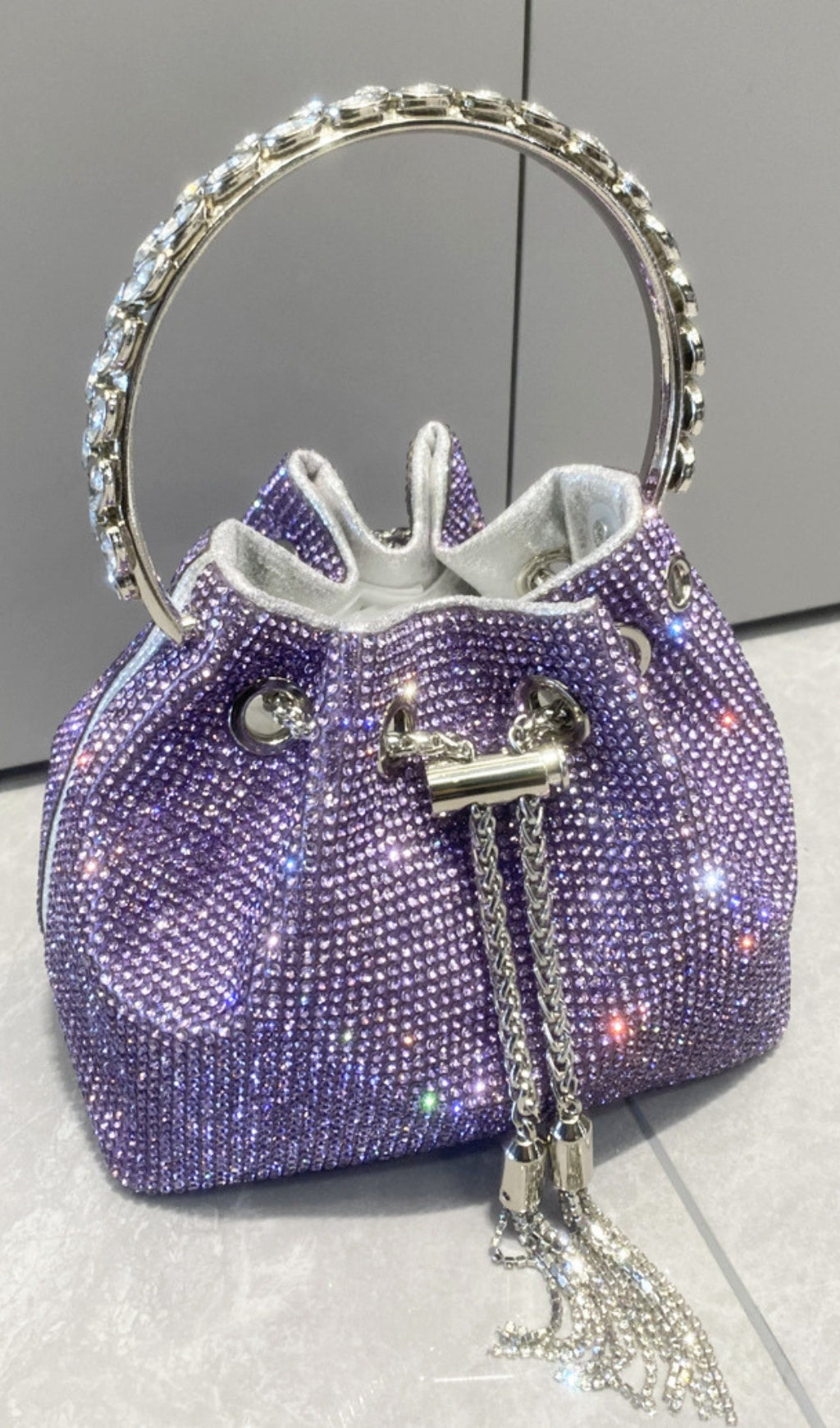 Crystal Embellished Bucket Bag In Purple Flowering Girl