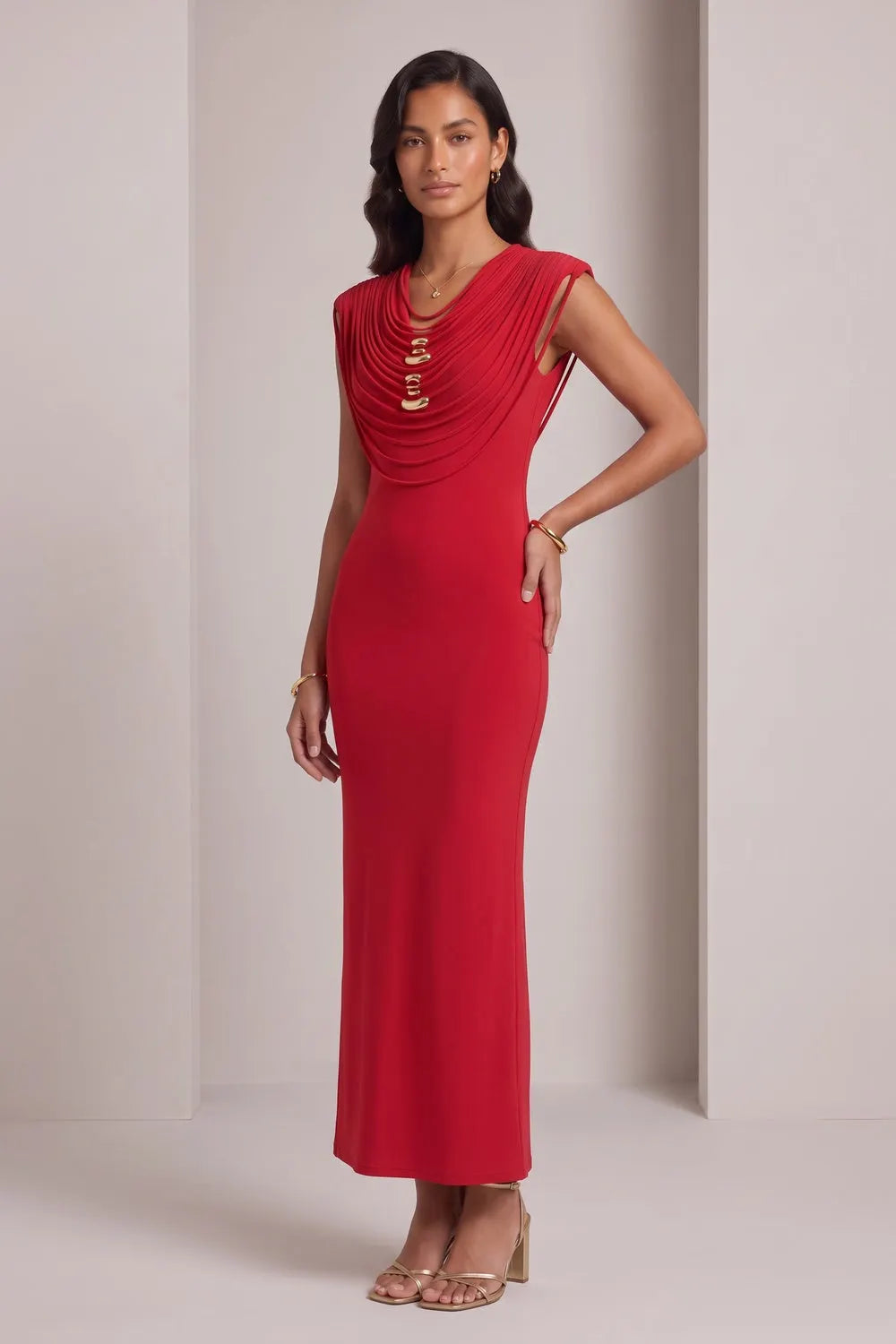 Red Stretch Jersey Or Crepe Fitted Column Dress Flowering Girl