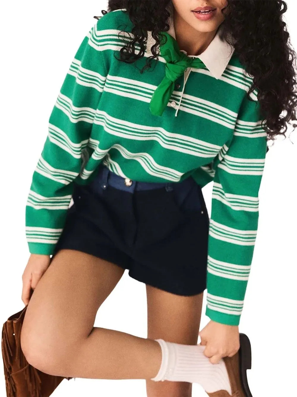 Cropped Striped Polo Sweater Flowering Girl