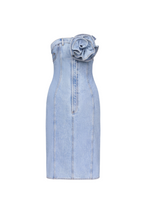Flower Corsage Strapless Midi Dress In Light Wash Blue Flowering Girl