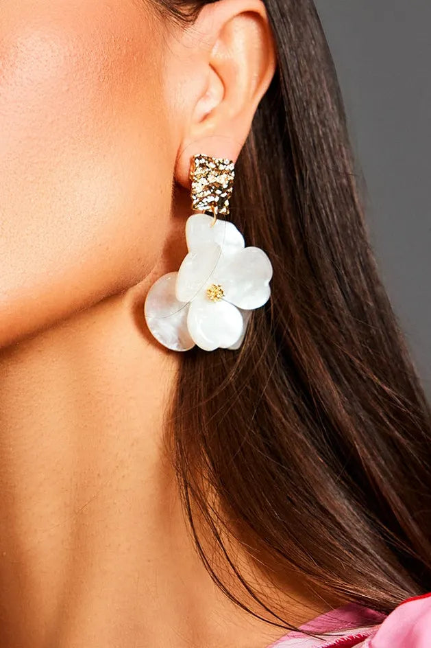 Textured Gold Square Mother-of-Pearl Floral Drop Earrings Flowering Girl