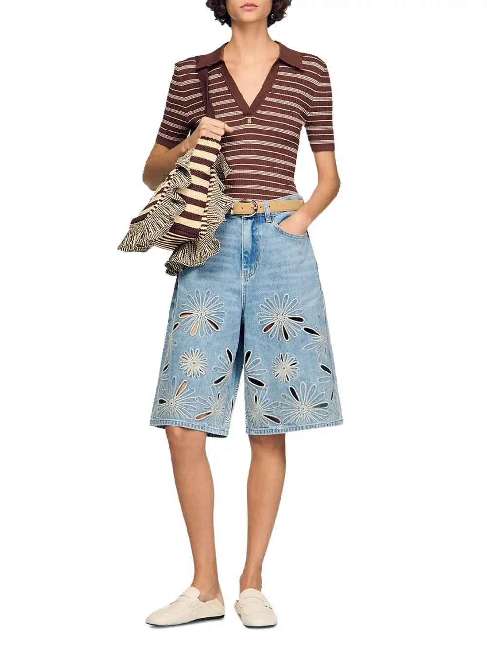 Embroidered Denim Bermuda Shorts in Blue Jean Flowering Girl