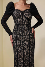 Wendy Lace Splicing Mesh Puff Sleeve Midi Dress In Black Flowering Girl