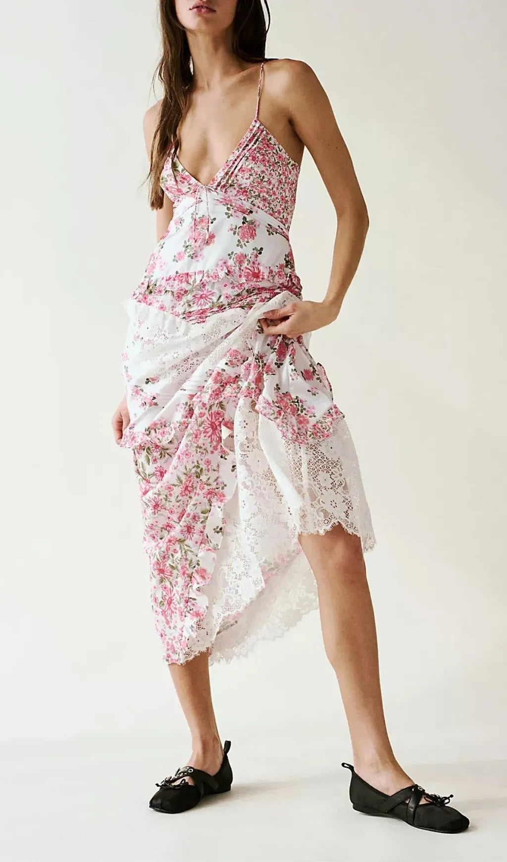 Georgia Pink V Neck Floral Print Lace Maxi Dress Flowering Girl