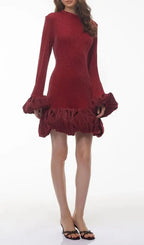 Tabitha Long Sleeve Midi Dress With Ruffled Trim - Burgundy Flowering Girl