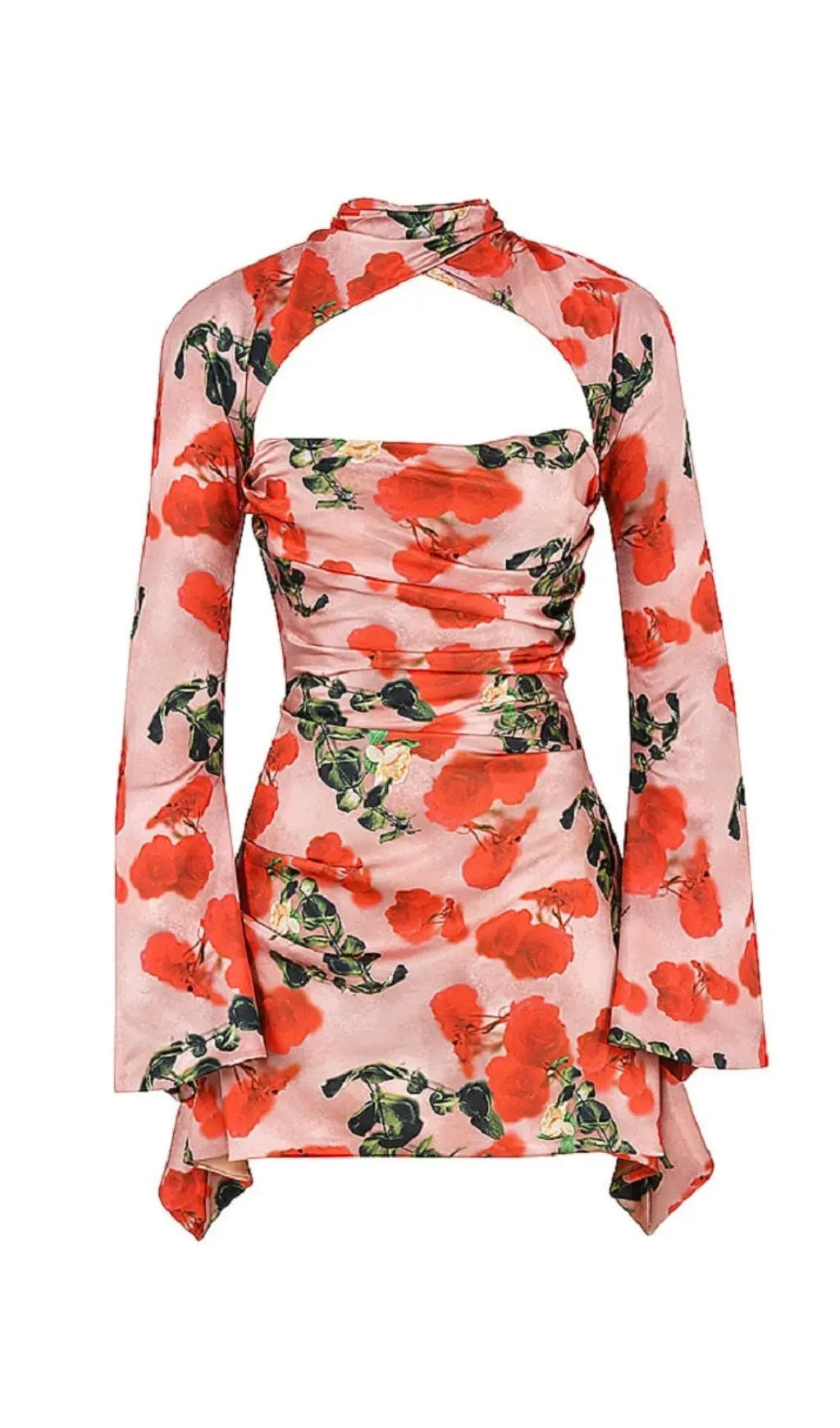 Rose Print Cut Out Draped Mini Dress Flowering Girl