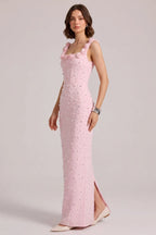 Pink 3D Rose Strap All Over Pearl Beaded Mermaid Maxi Gown Flowering Girl
