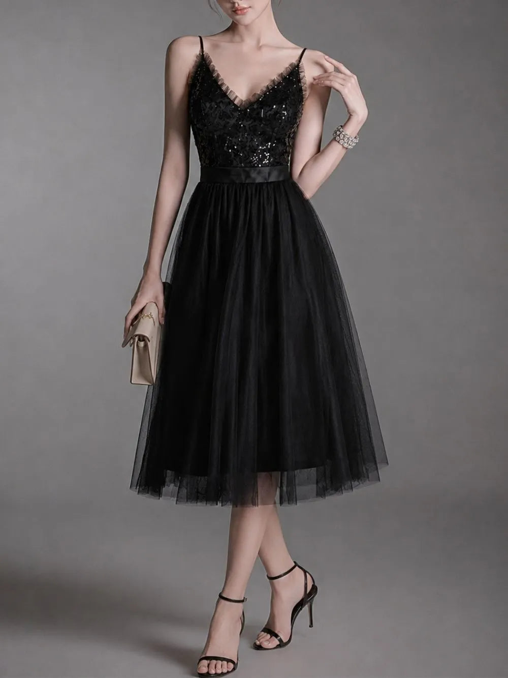 Maureen Black Spaghetti Mesh Midi Dress Flowering Girl