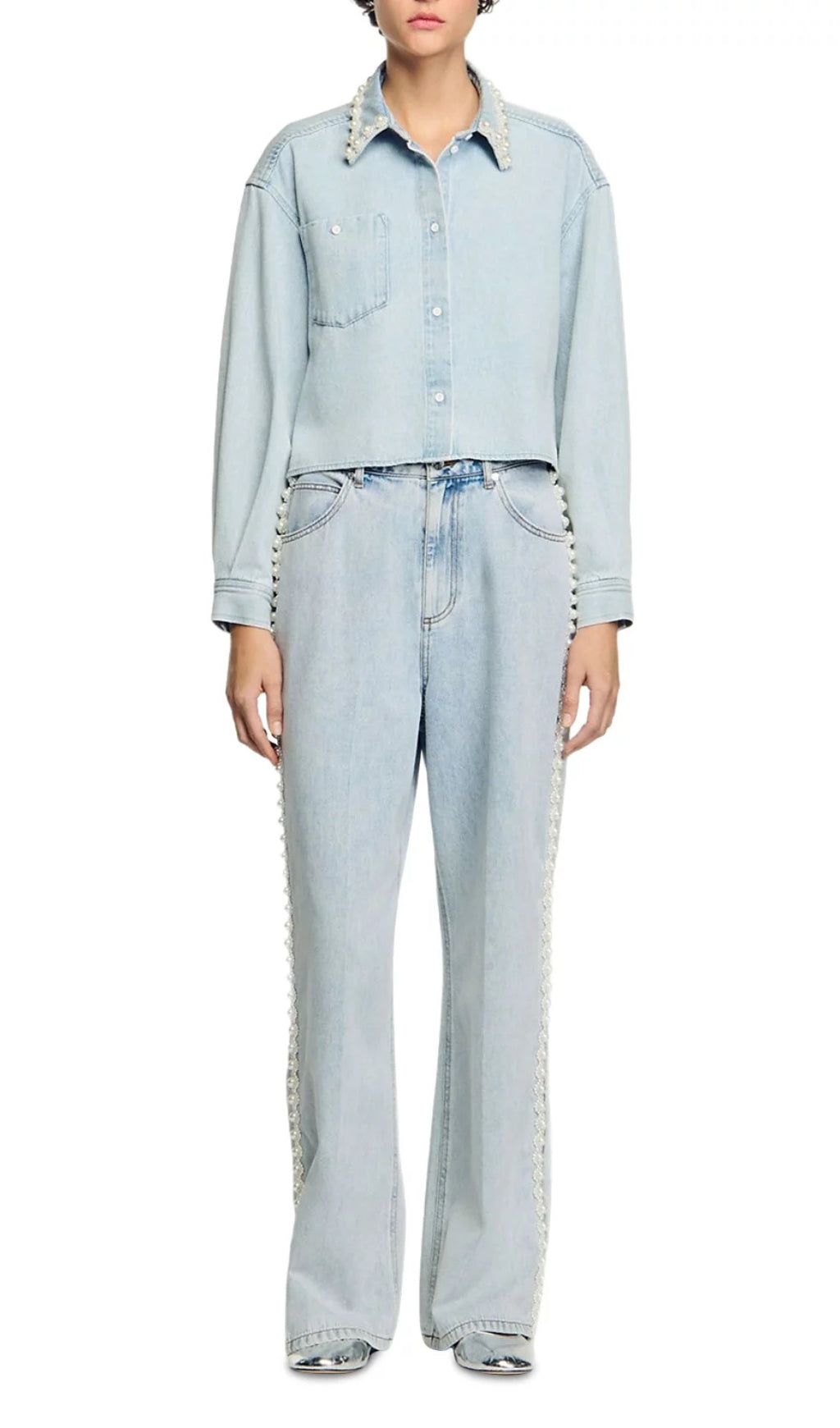 Beaded Collar Denim Shirt Flowering Girl