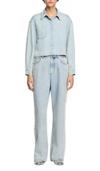Beaded Collar Denim Shirt Flowering Girl