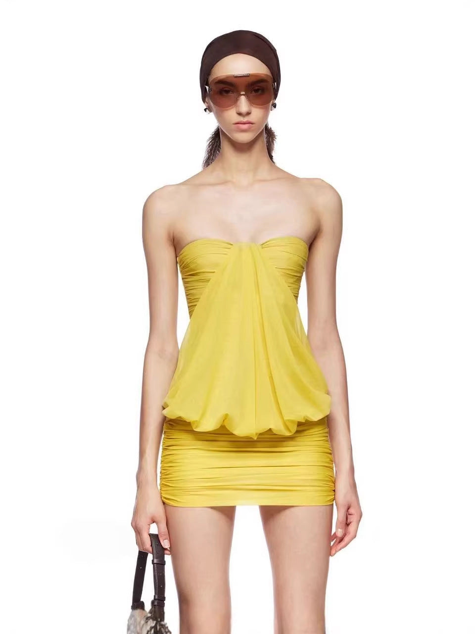 Simona Floral Chain Halter Pleated Mini Dress - Yellow Flowering Girl