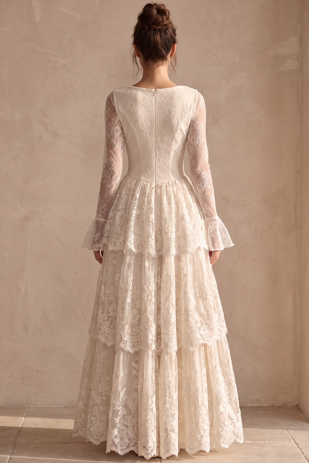 Cream Floral Lace Tiered Maxi Dress with Lace-Up Bodice Flowering Girl