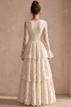Cream Floral Lace Tiered Maxi Dress with Lace-Up Bodice Flowering Girl